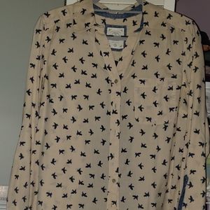 Button Down tailored Blouse with Navy Bird Print!